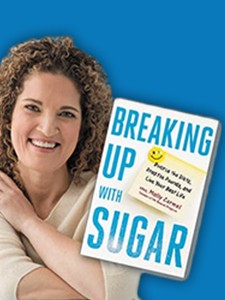 Molly smiles wearing a beige blouse in front of a blue wall and her book cover is positioned next to her 