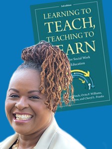 Dr. Ovita Williams smile in front of book cover she wears a white blouse with her hair in a updo.