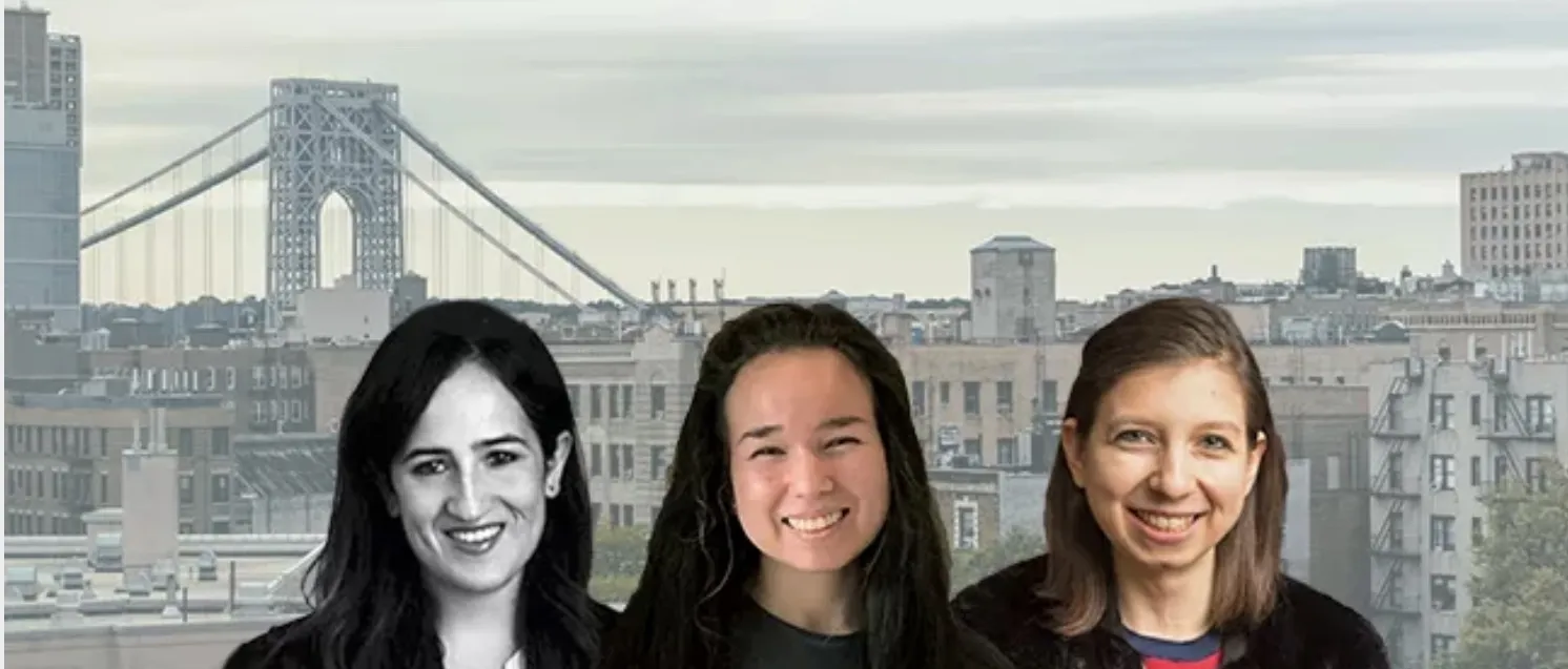 Three students of CSSW are imposed over an image of the George Washington Bridge and neighboring buildings in Washington Heights. 