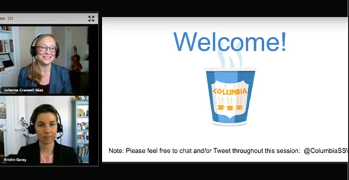 Screenshot of a webiner of two female faculty members conversing during an online session.  