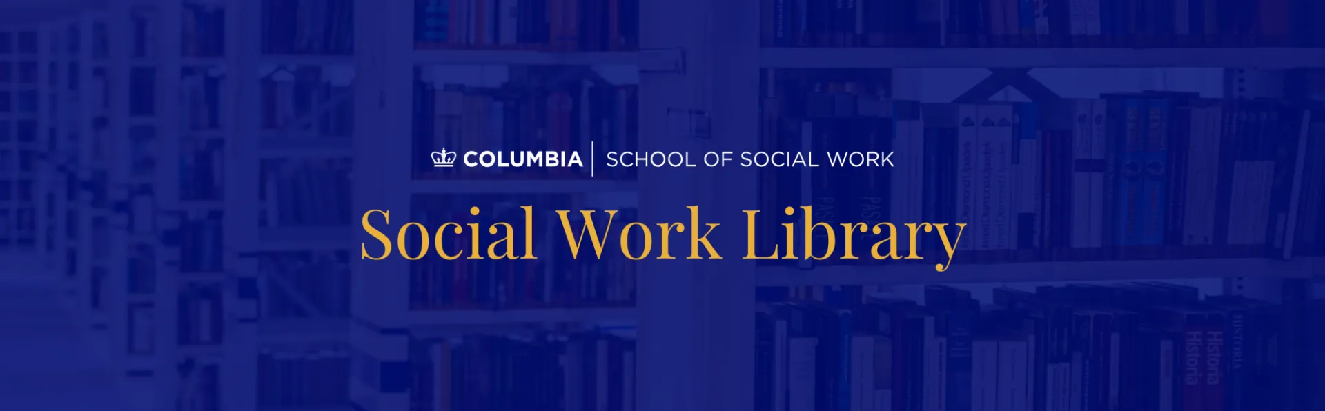 Shelves of books in a library. Text says "Social Work Library"
