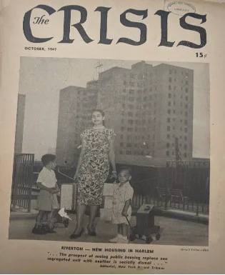 The Crisis (1947) cover page shows a young family, mom wit two young sons with luggage standing in front of a tail brick building 
