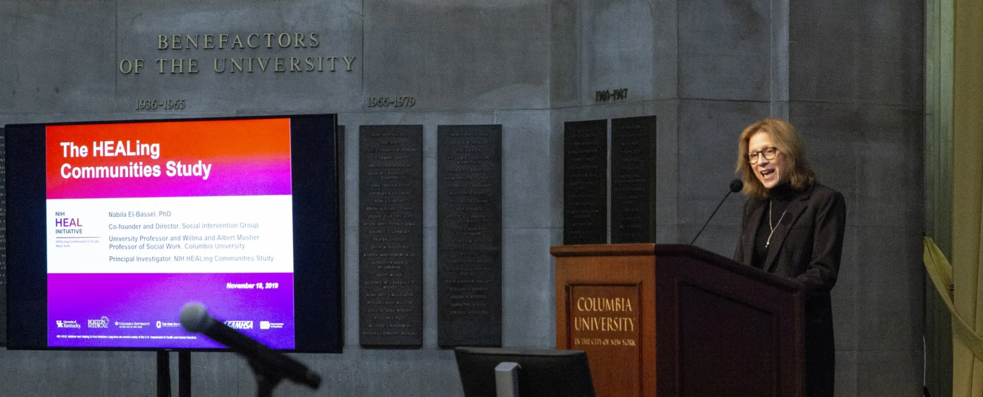 Melissa Begg speaking at an event on the results of the HEALing Communities Study.