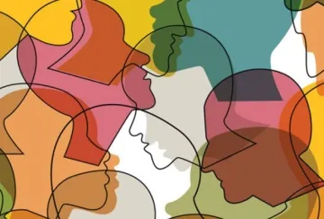 multitude of colorful faces are intertwined in sketches