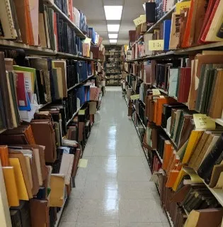 Fully shelved books line the left, right and straight ahead book shelf. 