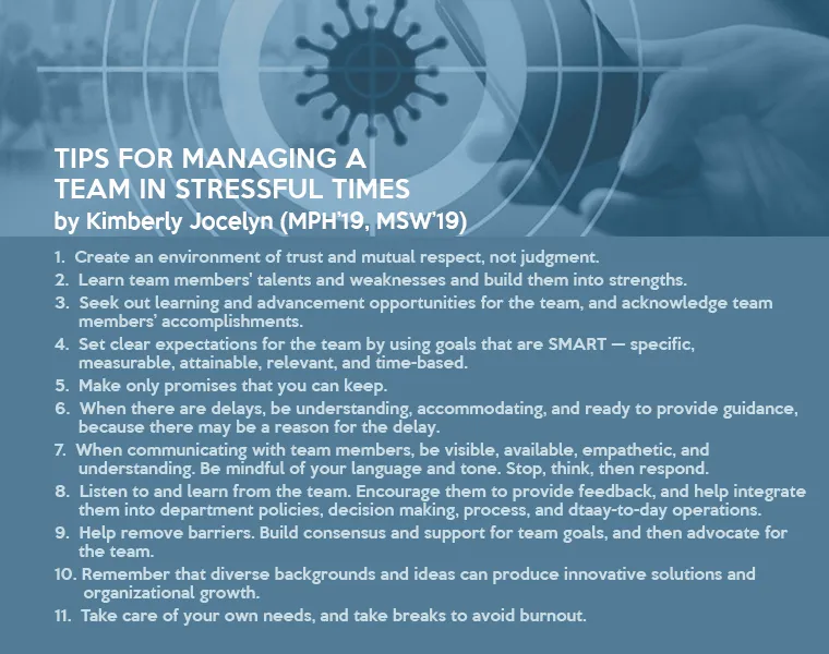 Listing of tips for managing teams in stressful times overlayed a graphic of covid19 image